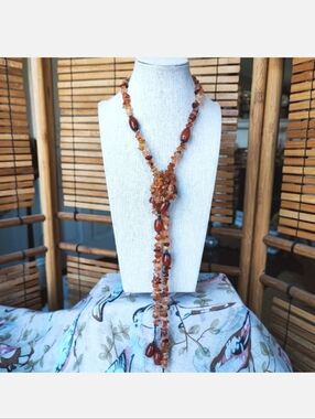 Carnelian Amber Tumbled Rocks Chip Stones Long Semi Precious Lariat Necklace NEW